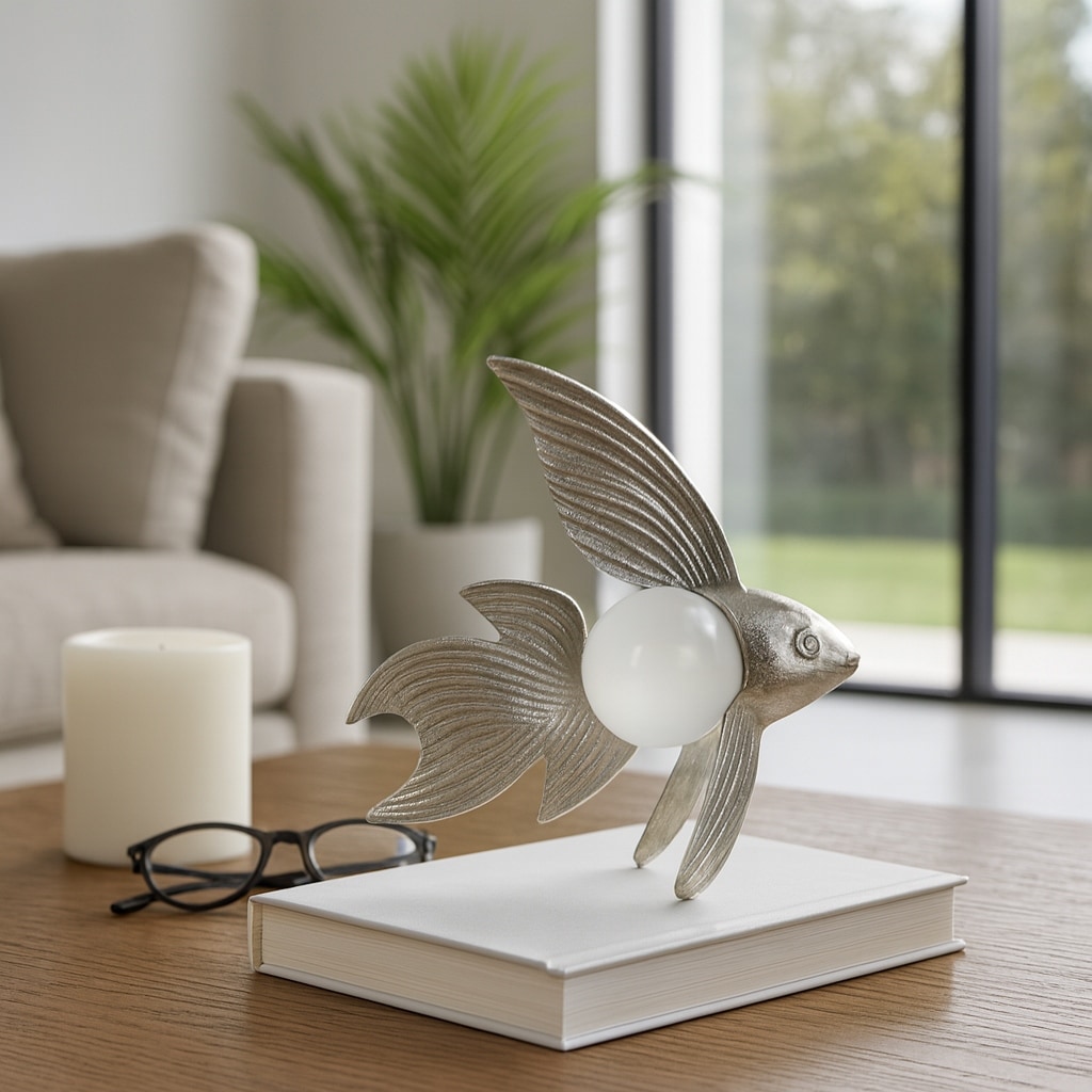 Metal Fish with Acrylic Ball Decorative Figurine - Silver - 9.5" x 3.5" x 9"