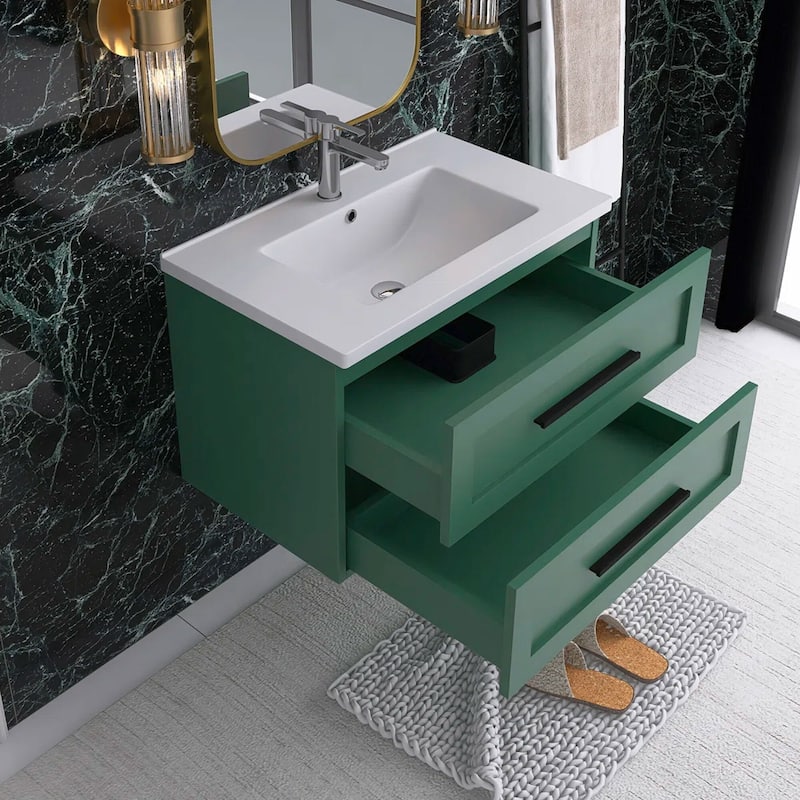 Wall-Mounted Bathroom Vanity in Green with White Ceramic Sink