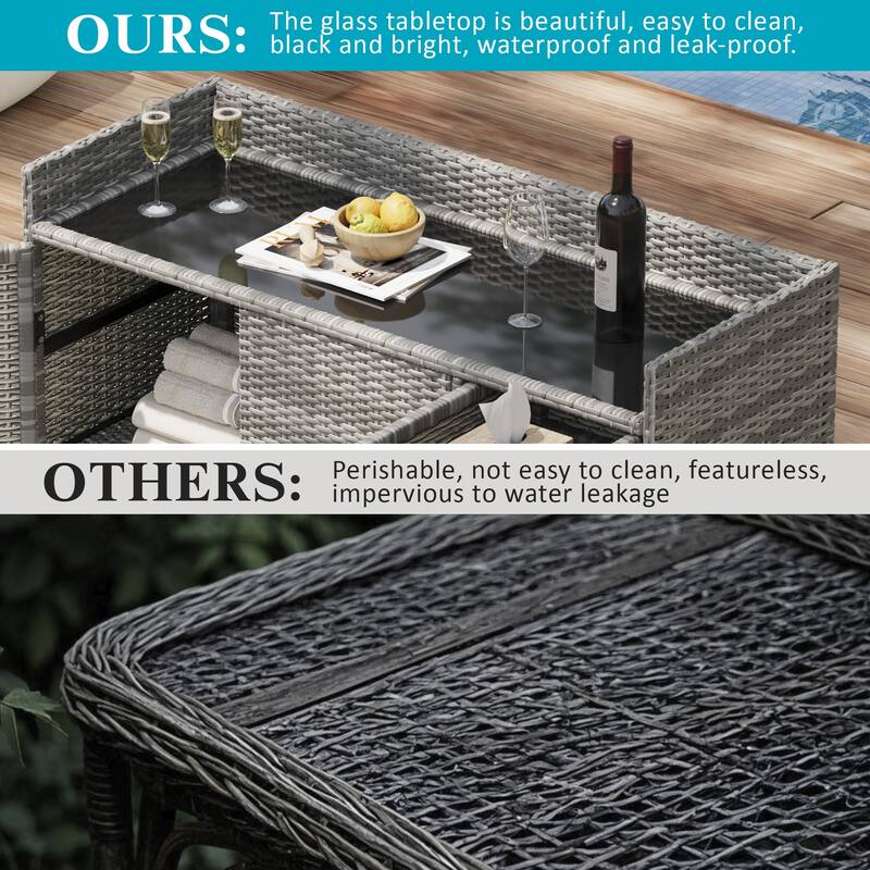 Wicker Storage Cabinet w/Tempered Glass Desktop, Weather-proof Rattan Bar Table, Kitchen Island w/Three Doors, Adjustable Shelf