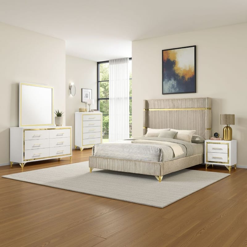 Jenny 5pc Queen Bedroom Set, Textured Beige Wood and Gold Metal Accent