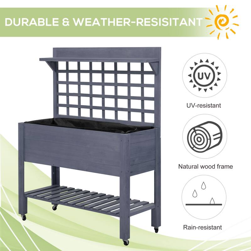 Outsunny 41" Raised Garden Bed with Trellis on Wheels, Wooden Elevated Planter Box with Legs and Bed Liner