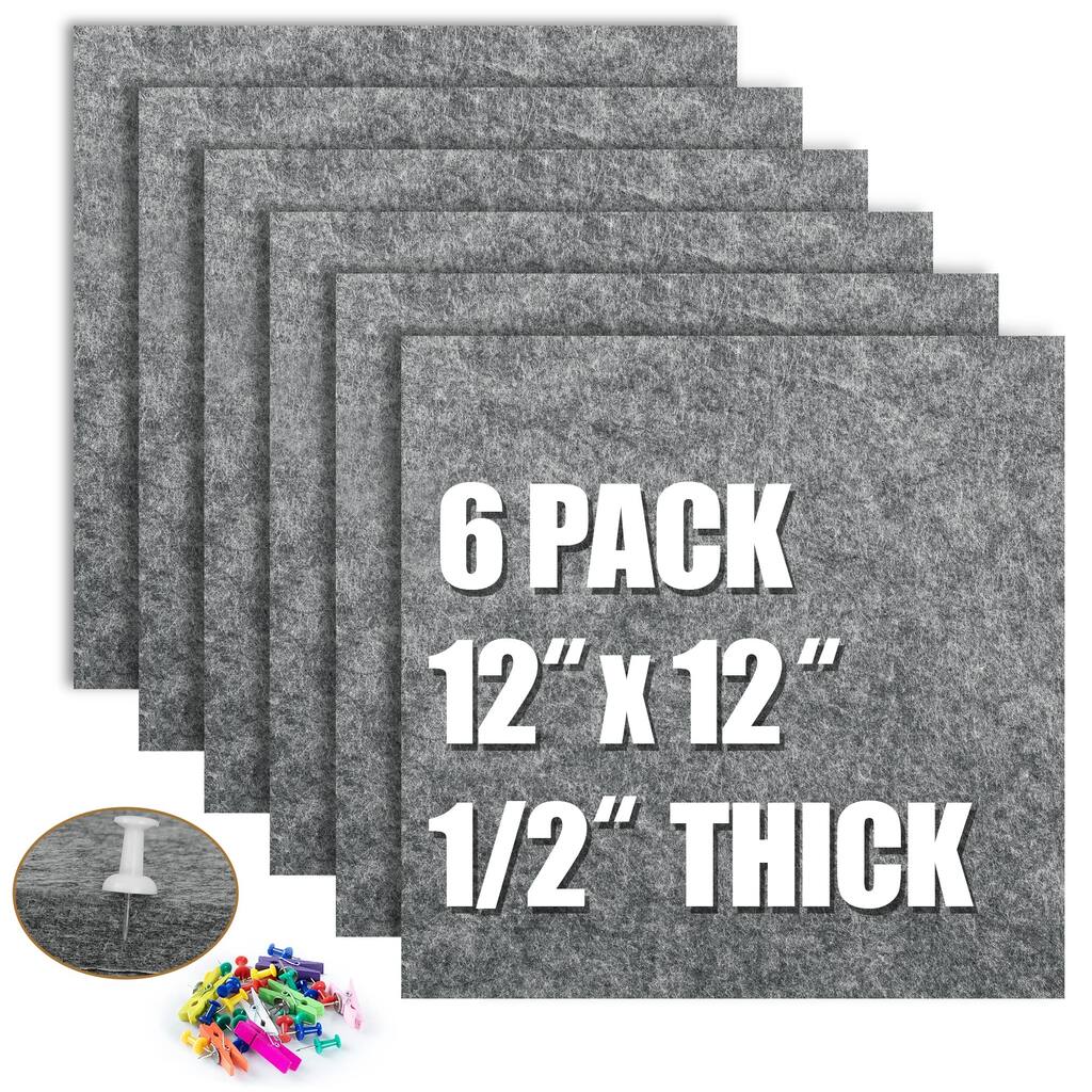 1/2" Thick Felt Cork Board Tiles 6 Pack, Small Square Pin Board , Self Adhesive Corkboards with 60 Push Pin Wood Clips