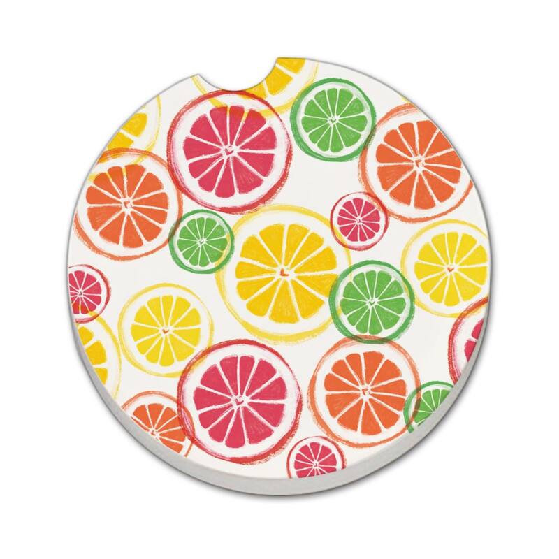 Slices of Summer 2 Pack Absorbent Stone Coaster for Vehicle Cup Holder 2.6” Diameter Manufactured in The USA - Multi