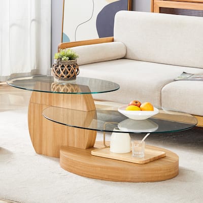 Modern Round Glass Coffee Table w/ Wood Base, 3 Tier Round Coffee Table, Clear Cocktail Table w/ Storage for Home Office