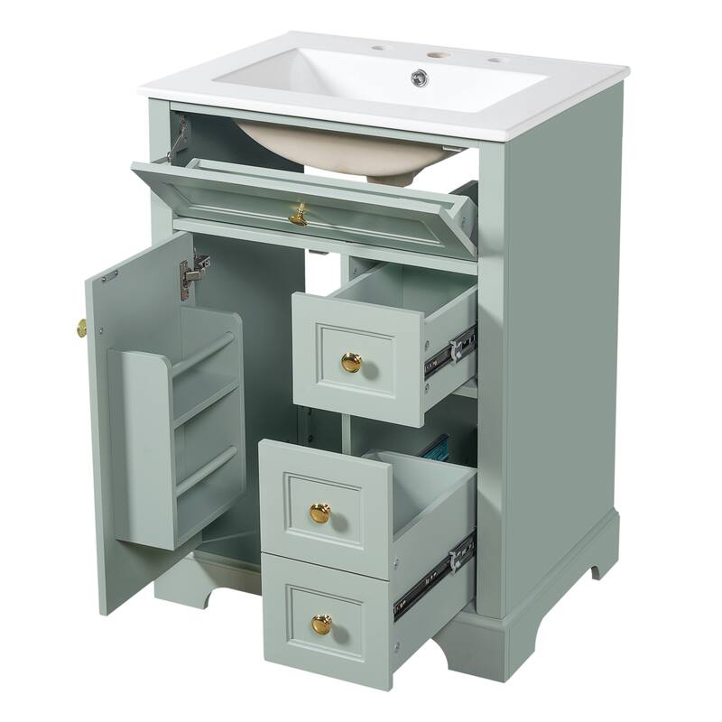 Roomfitters 24" Bathroom Vanity with Sink, Solid Pinewood Frame, 3 Drawers & Cabinet with 2-Tier Door Rack