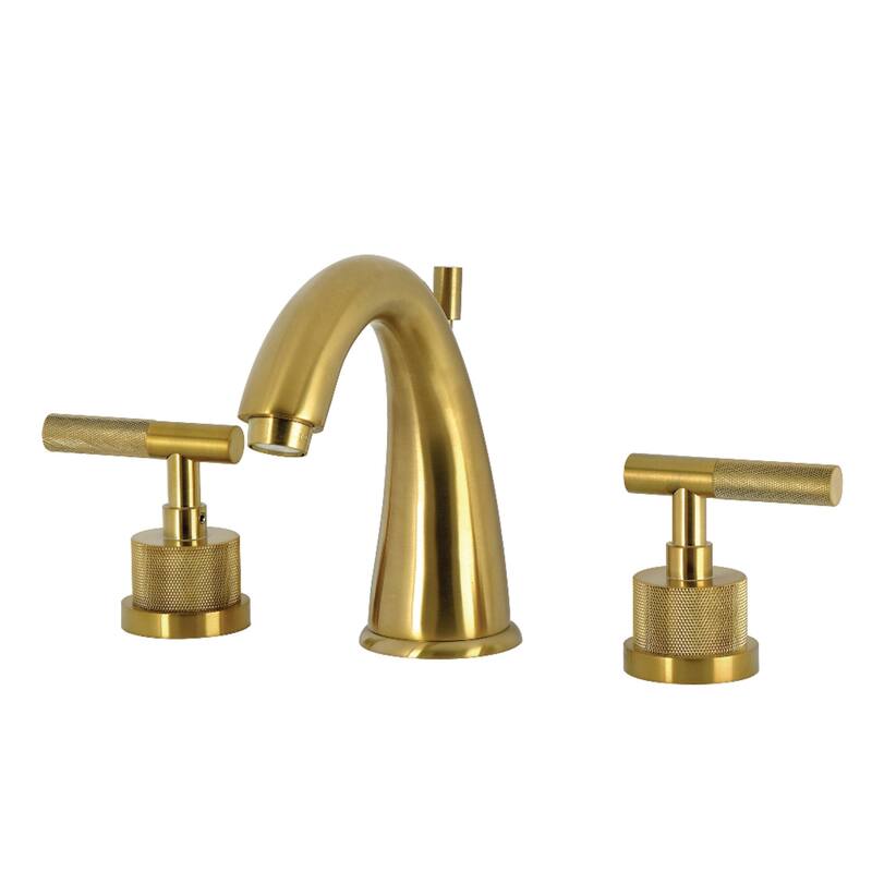 Kingston Brass Convergent Two-Handle 3-Hole Deck Mount Widespread Bathroom Faucet with Knurled Handle and Brass Pop-Up Drain - Brushed Brass