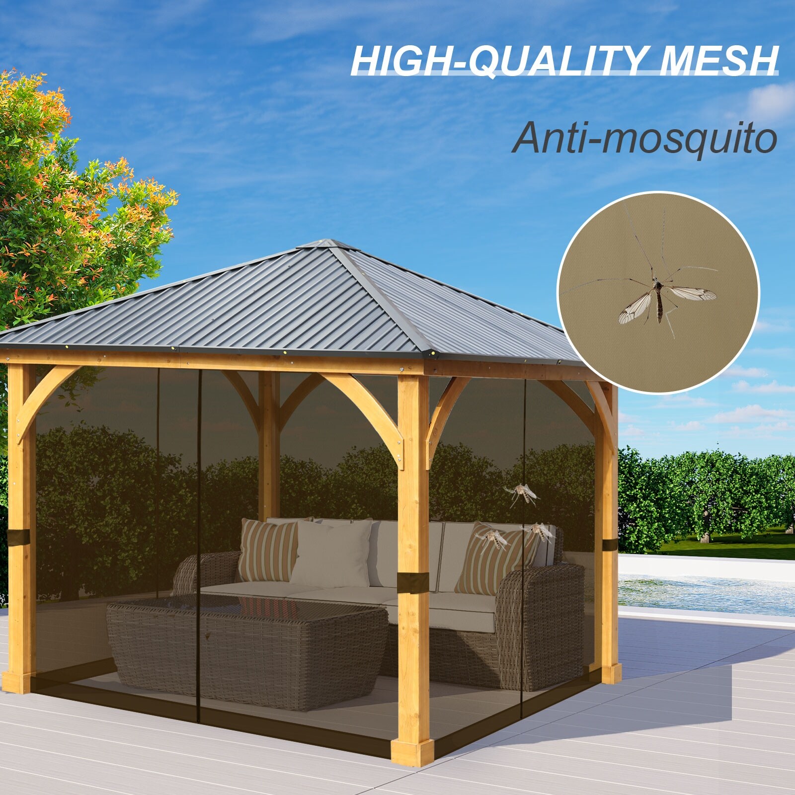 Universal 12x12 Ft Gazebo Replacement Mosquito Netting - 4-Panel Mesh Screen Walls With Zippers, Brown, Easy Install, Weather-Resistant