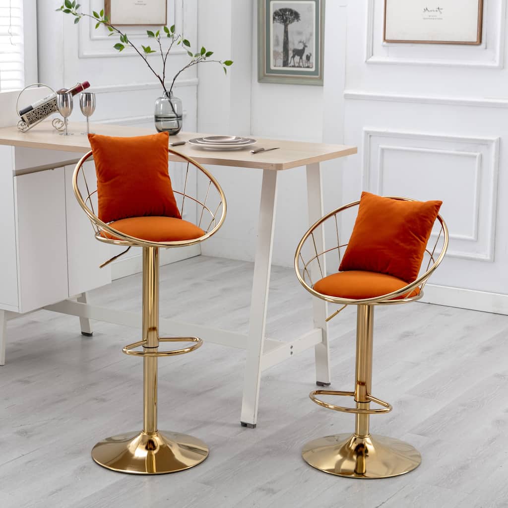 velvet bar chair,pure gold plated,unique design,360 degree rotation,adjustable height,Suitable for dinning room and bar,set of 2