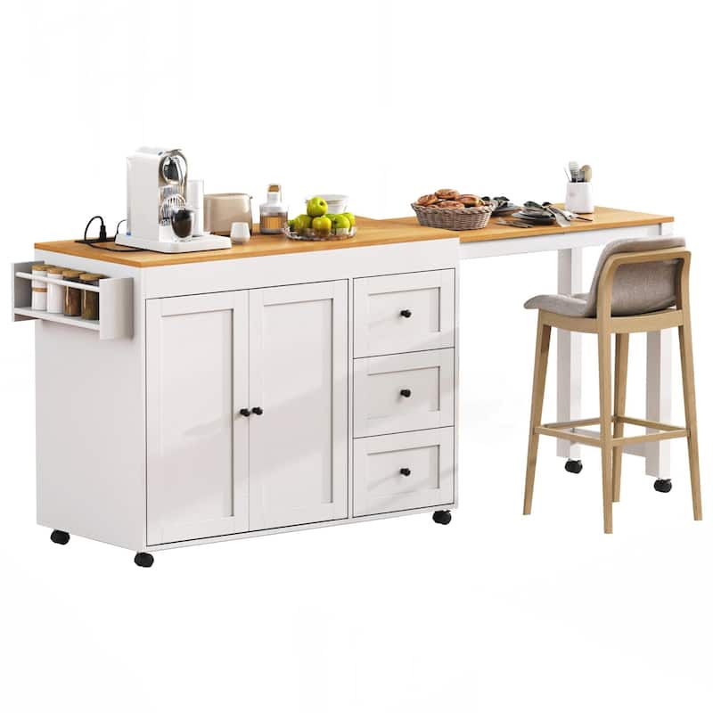 Kitchen Island with Extendable Dining Table, Kitchen Storage Cart with 3 Drawers, Power Outlet