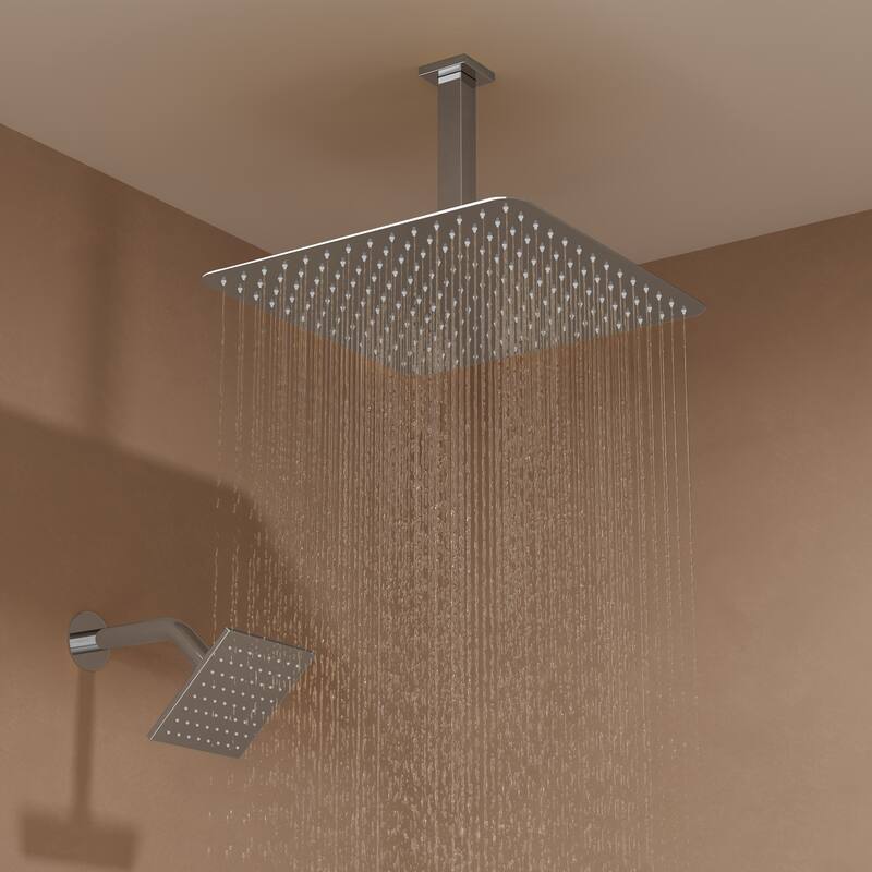 GRANDJOY Shower System 16 inch Rainfall Ceiling and 6 inch Wall Mount Dual Shower Head Handheld Spray Slide Bar Thermostatic