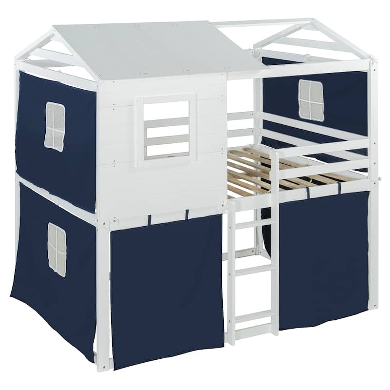 Full Size Bunk Bed with Playhouse Tent, Solid Pine Wood Frame and Window Design