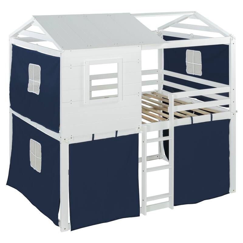 Roomfitters Full Over Full House Bunk Bed with Tent and Window, Playhouse Design