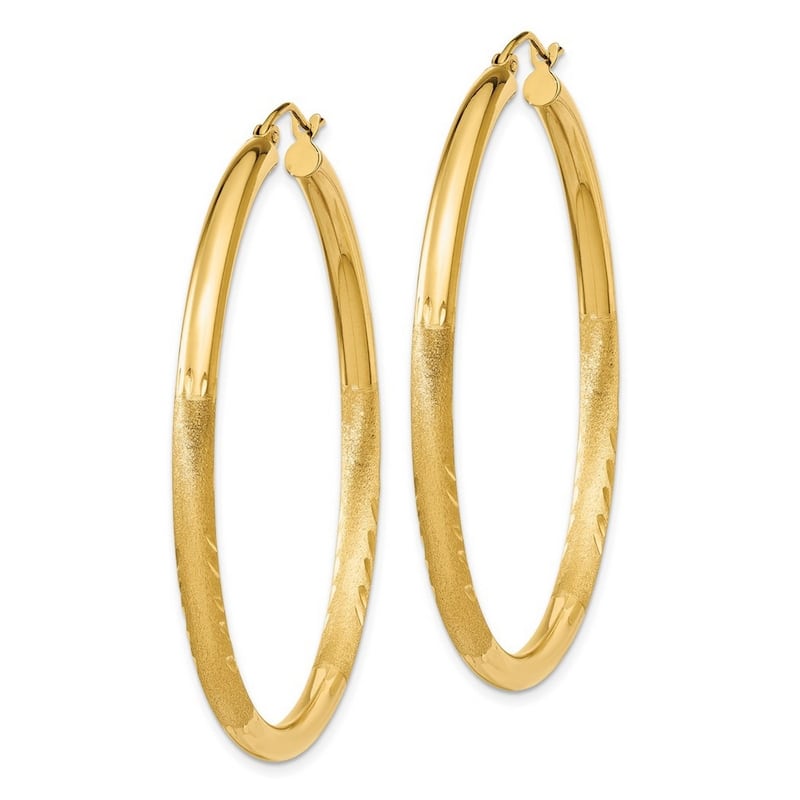Curata 14k Yellow Gold Polished Satin and Sparkle Cut 3mm Round Hoop Earrings - 50mm long 3mm Thick