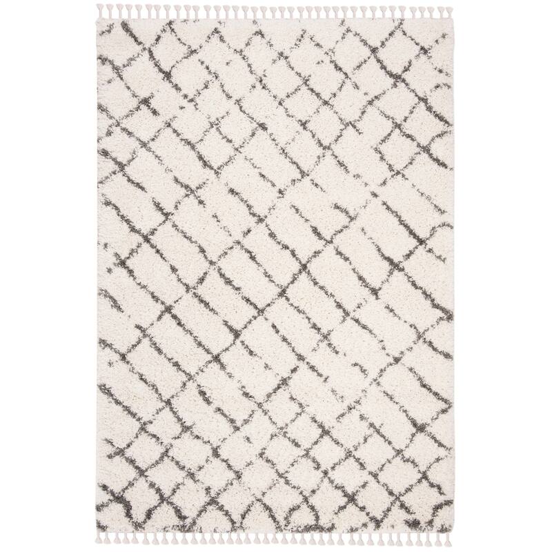 SAFAVIEH Moroccan Fringe Shag Oleta 2-inch Thick Rug - 4' x 6' - Ivory/Grey