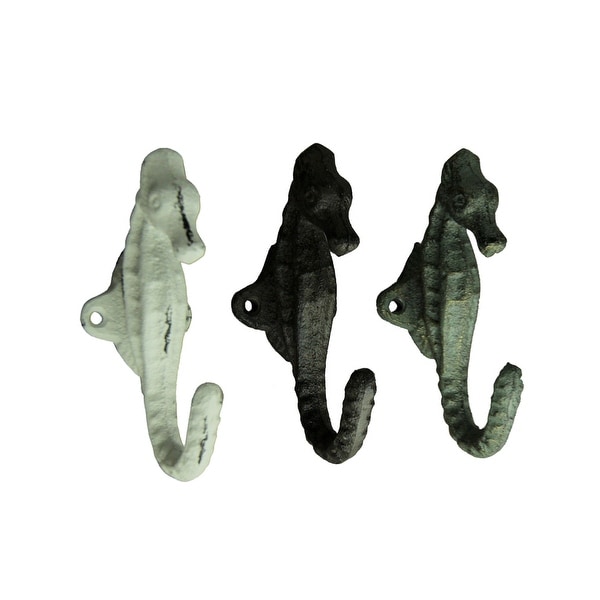 Colored Cast Iron Seahorse Coastal Wall Hooks Set of 3 - 5 X 2.5 X 1.75 inches