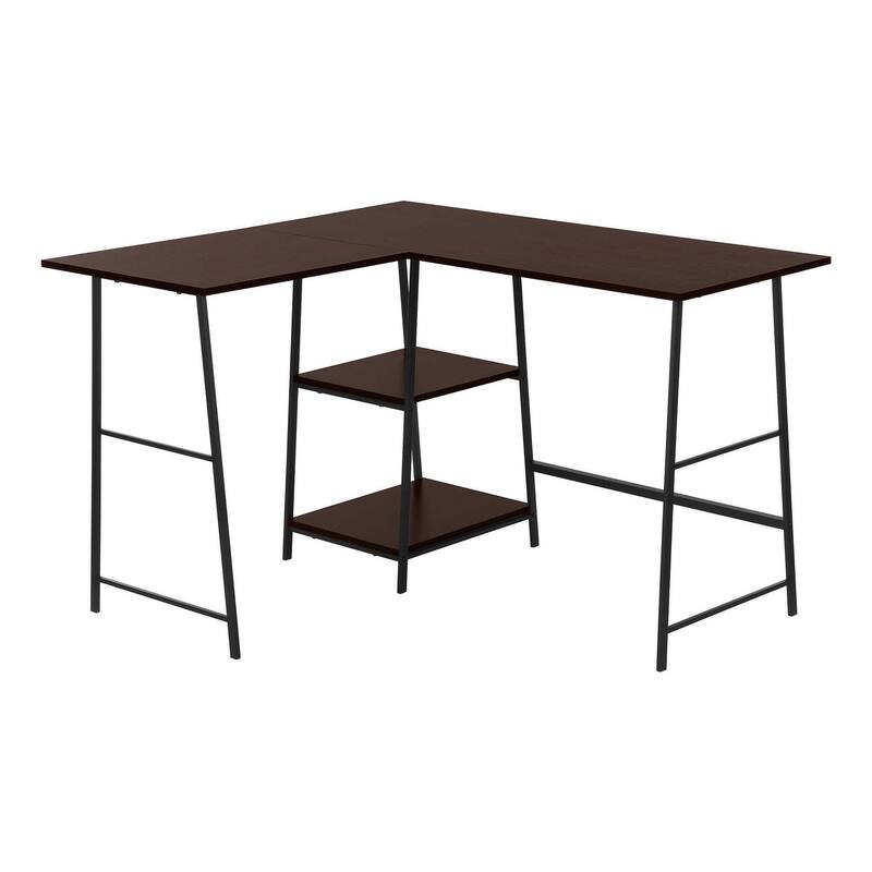 Industrial Corner Computer Desk with Storage Shelves and Metal Sawhorse Legs