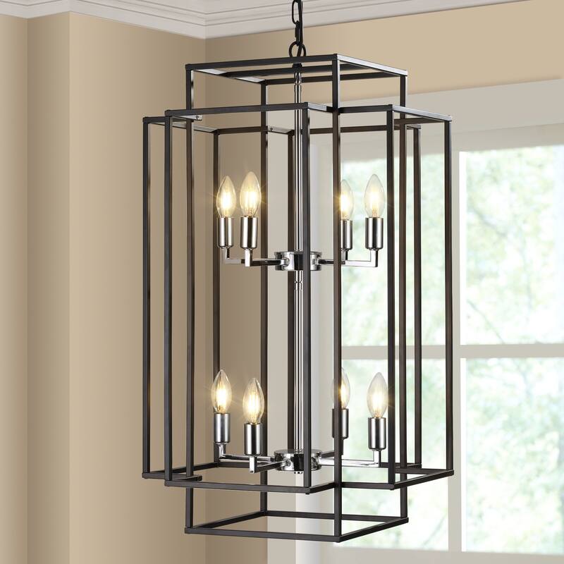 8-Lights Lantern Tiered Pendant Light Fixtures, Industrial Farmhouse Hanging Chandelier - Silver