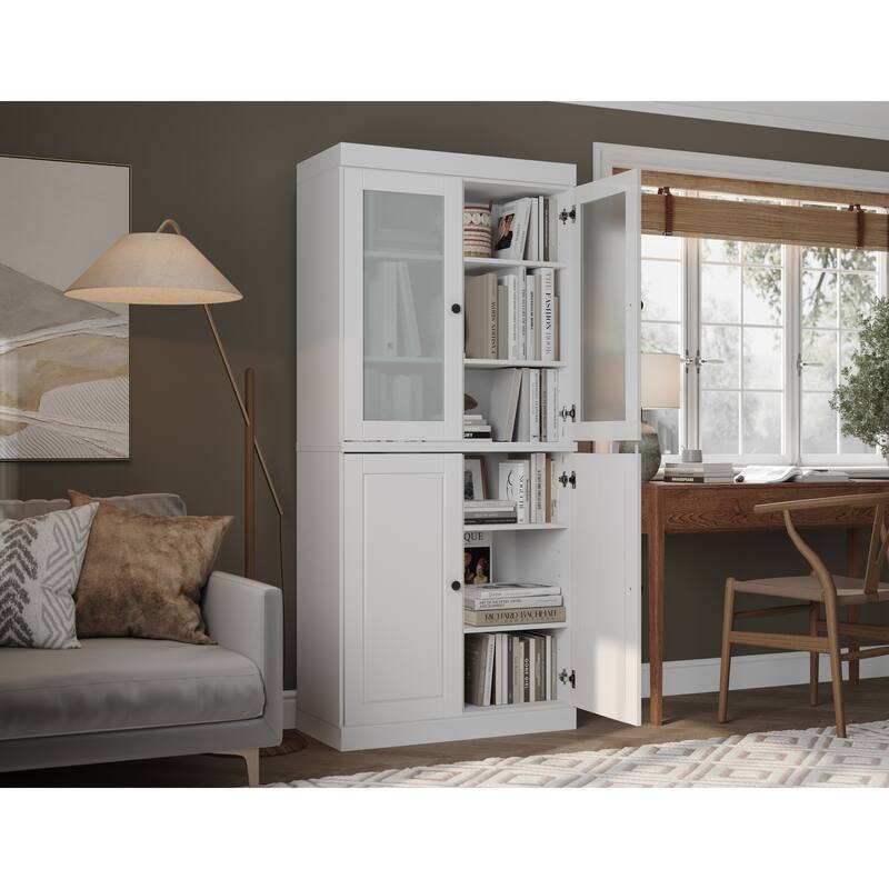 100% Solid Wood 6-Shelf Bookcase with Optional Doors by Palace Imports - 4 Dr Frosted/Wood - White