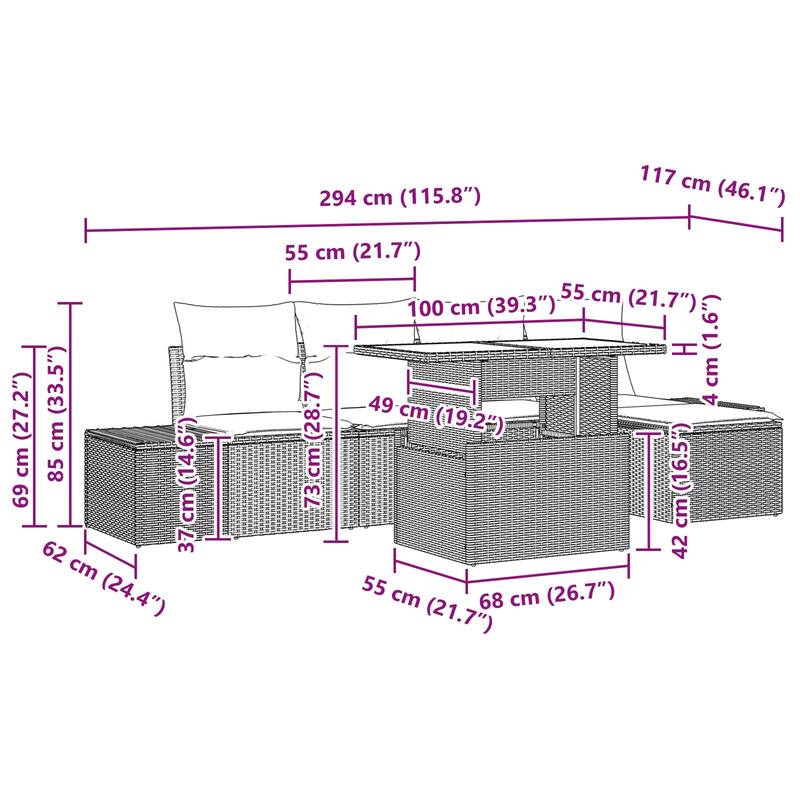 vidaXL 6 Piece Garden Sofa Set with Cushions - 115.8×46.1×27.2