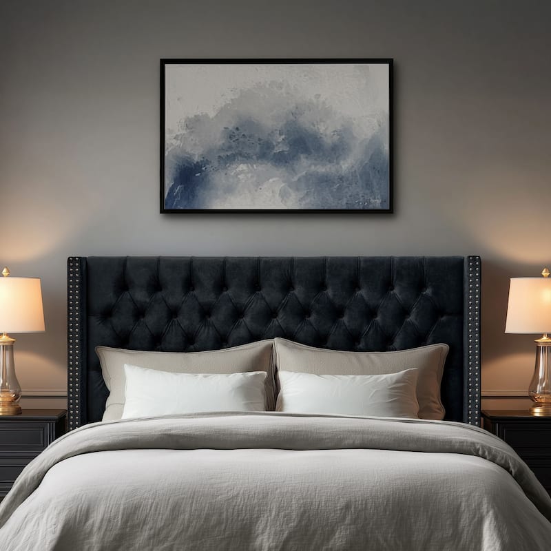 Madison Park Baldwin Upholstered Wingback Headboard with Button Tufting & Nailhead Trim - Black Velvet - Queen