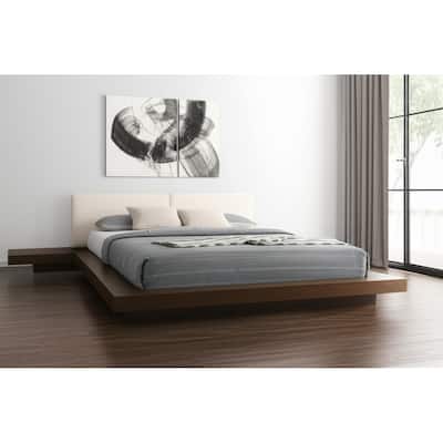 HomeRoots Walnut and White Wood And Faux Leather King Bed Frame With Attached Nightstands