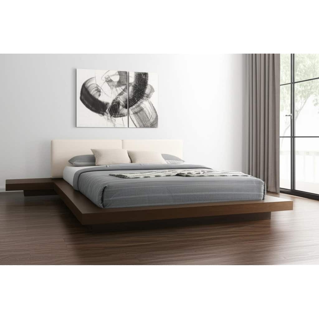 HomeRoots Walnut and White Wood And Faux Leather King Bed Frame With Attached Nightstands