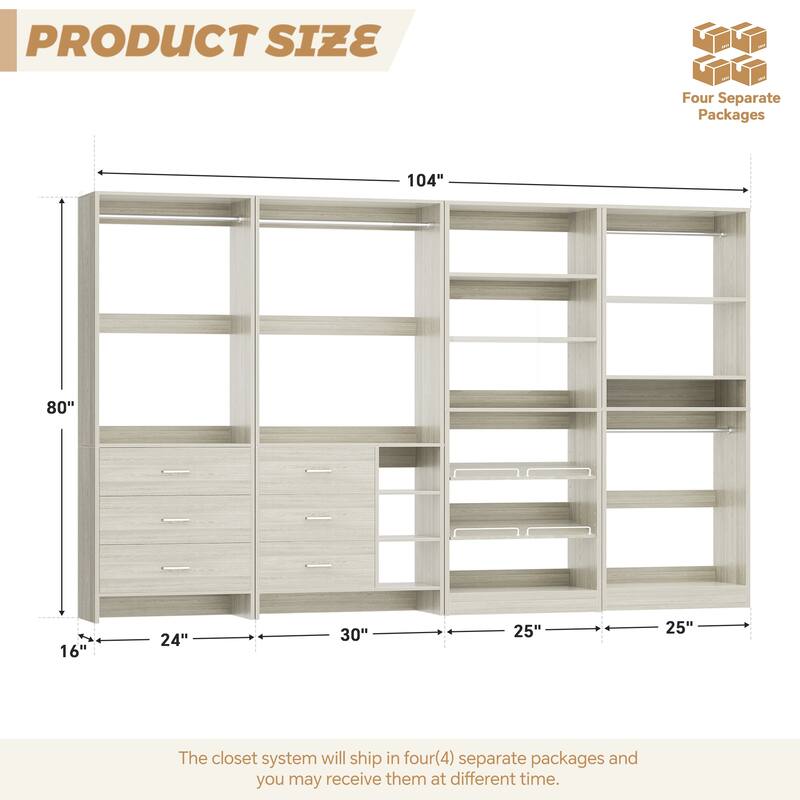 Cimly Set of 4 Closet Organizer with Drawers and Shoe Rack, Freestanding Closet System with Hanging Rods