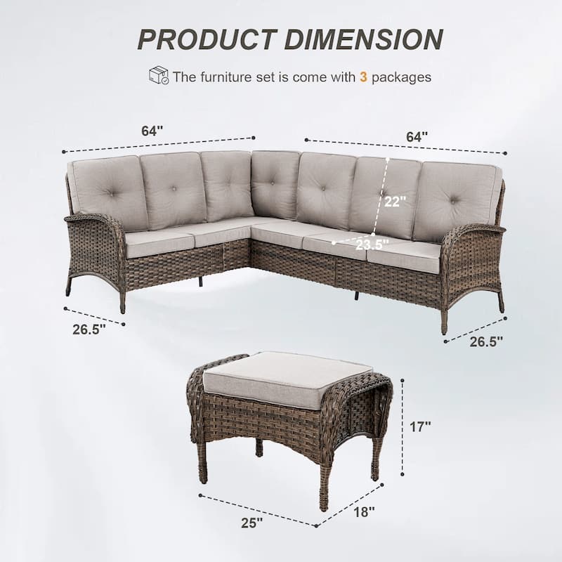 Gymojoy L-Shaped Outdoor Sectional Sofa Set with Wicker Ottomans