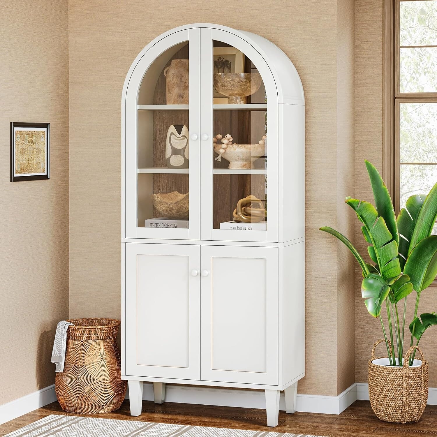 5-Tier White Wood Farmhouse Arch Storage Cabinet, 68 Inches Bookcase with Doors & Adjustable Shelves