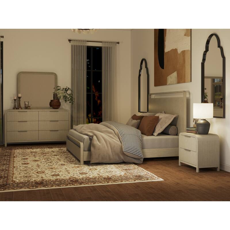 Roundhill Furniture Tavari 6-Piece Bedroom Set with Panel Bed, Dresser, Mirror, Two Nightstands, and Chest in Light Gray
