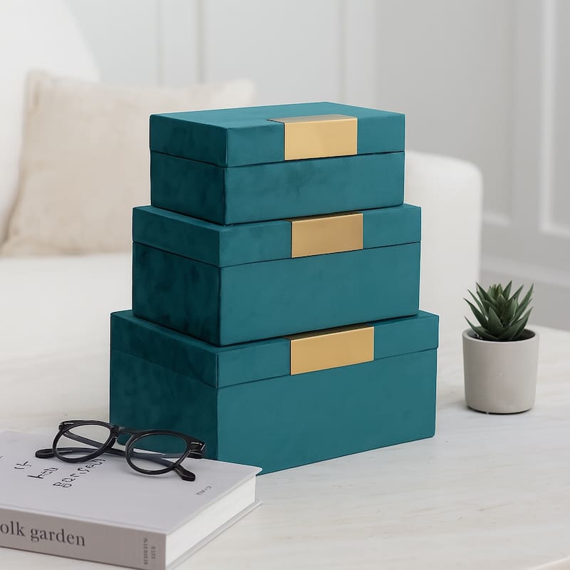 Wood & Velvet Storage Boxes with Gold Accents, Set of 3 - 9" x 7" x 5"