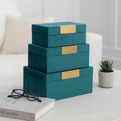 Wood & Velvet Storage Boxes with Gold Accents, Set of 3 - 9" x 7" x 5"