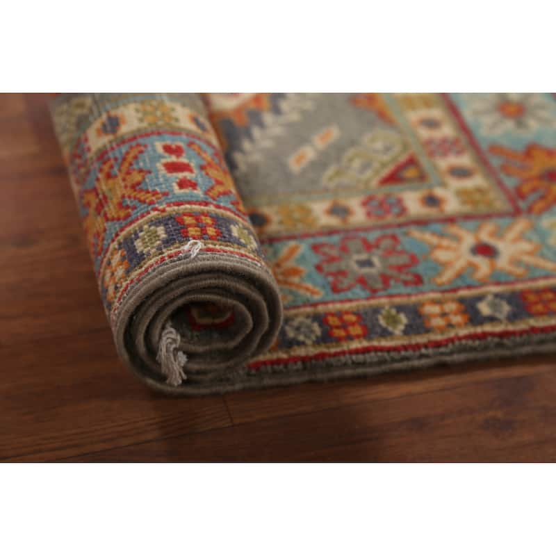 Gray Geometric Kazak Accent Rug Hand-Knotted Traditional Wool Carpet - 2'1"x 2'10"