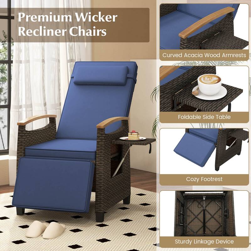 Costway 1/2 PCS Patio Wicker Recliner Chair with Adjustable Backrest