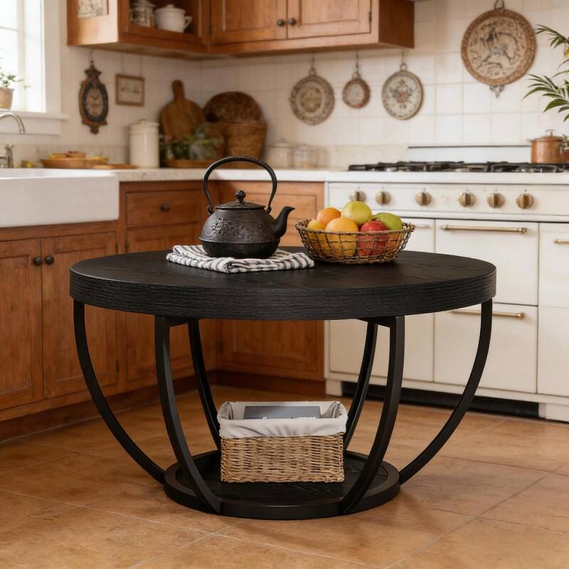 Round 2-Tier Wood Coffee Table with Metal Base for Living Room