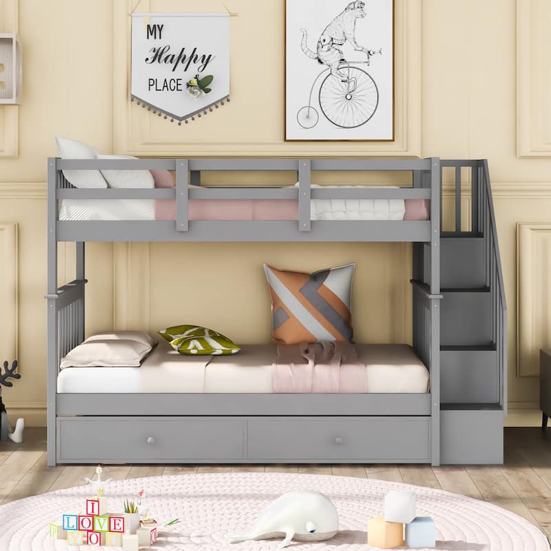 Stairway Twin-Over-Twin Bunk Bed with Twin size Trundle for Bedroom