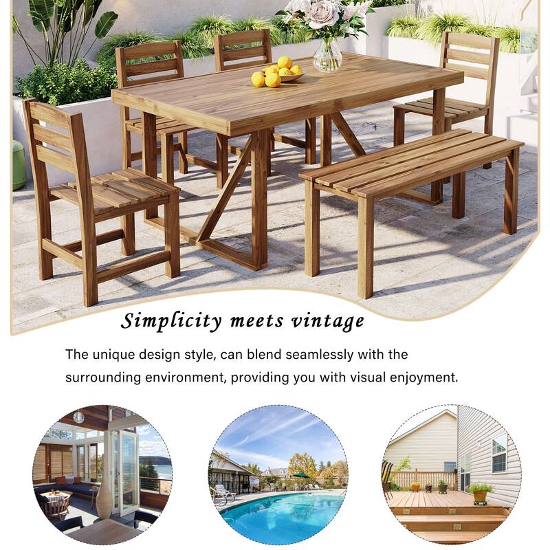Premium Acacia Wood 6-Piece Outdoor Dining Set, Table, Bench & Chairs, Weather-Resistant Patio Furniture
