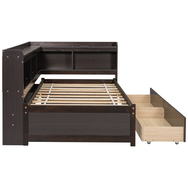 Twin Size Platform Bed with L-Shaped Bookcase, Built-in Charging Station, 2 Storage Drawers