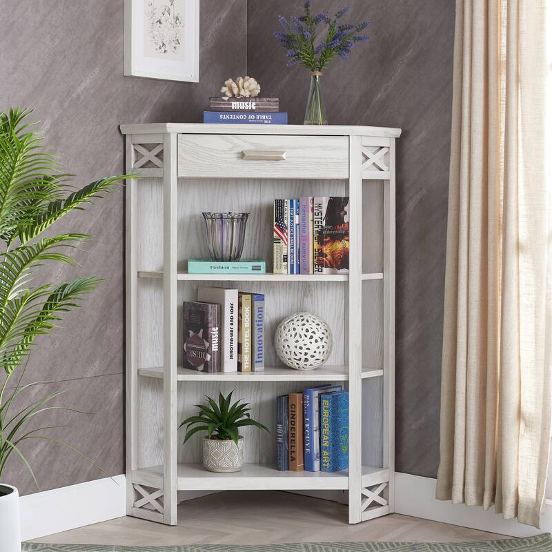 Leick Home Mantel Height 3-Shelf Corner Bookcase with Drawer Storage