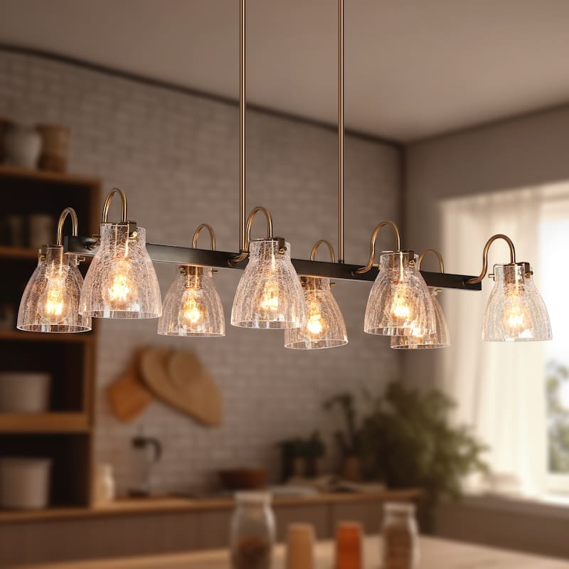 Modern 8-Light Gun Black Gold Chandelier Textured Glass Kitchen Island Light