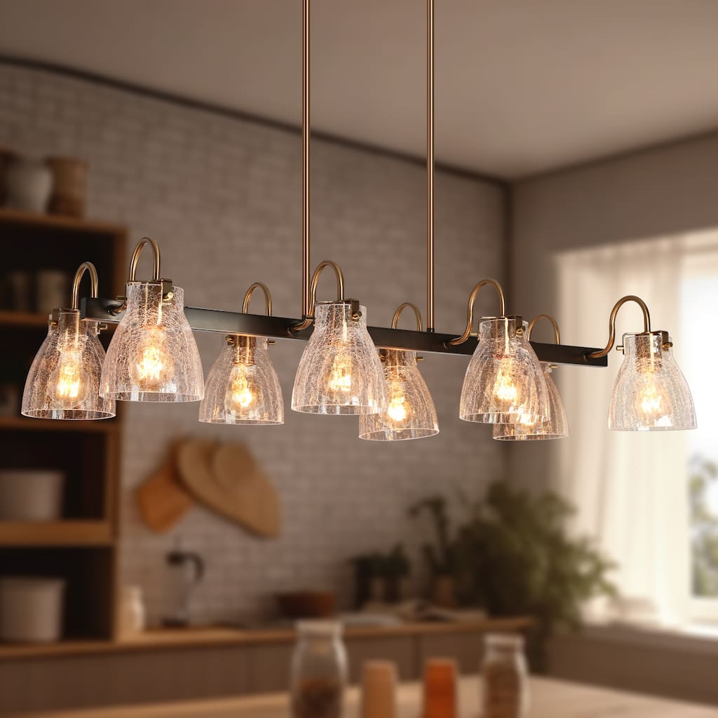 Modern 8-Light Gun Black Gold Chandelier Textured Glass Kitchen Island Light