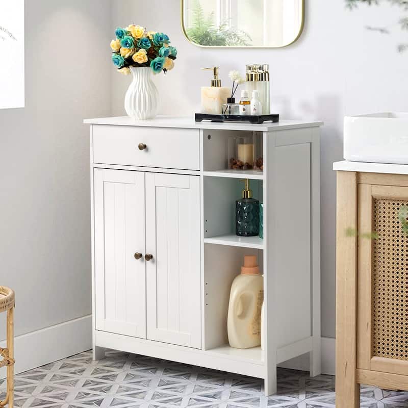 Freestanding White MDF Bathroom Storage Cabinet with Drawer and 2 Adjustable Shelves for Small Essential