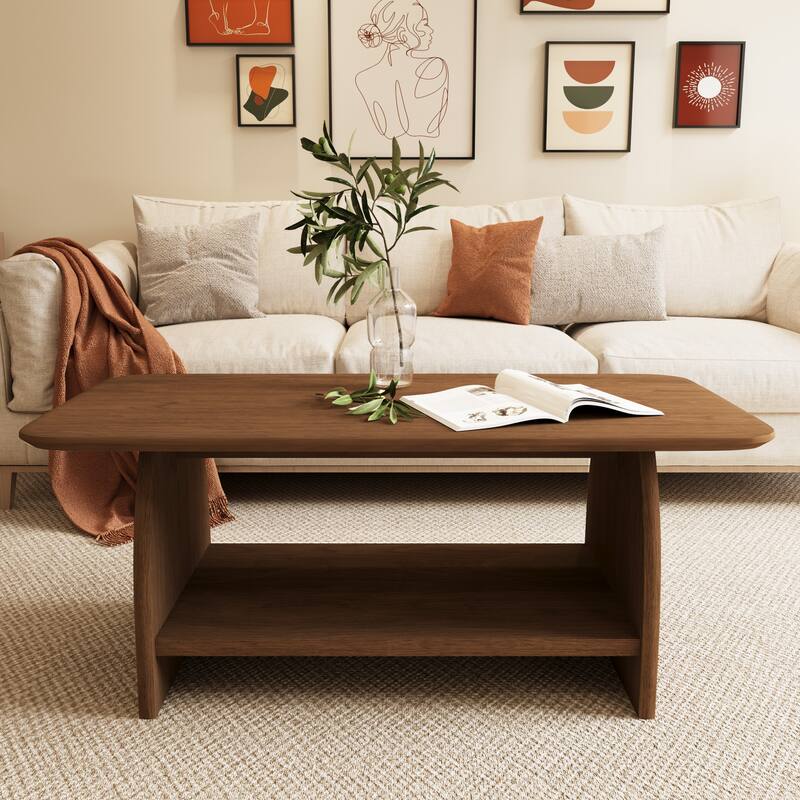 47 Inch Modern Rectangular Coffee Table with Storage, Double-Layer DesignMinimalist Center Table for Living Room - Wood