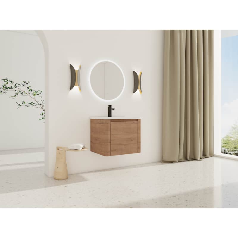 Wall-Mounted Bathroom Vanity with Ceramic Sink - Imitative Oak