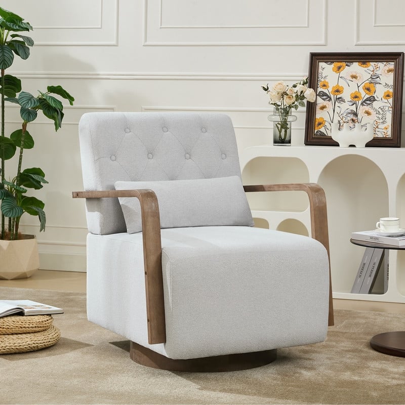 Solid Wood Swivel Accent Chair with Armrests and Lumbar Pillow - 360° Rotation