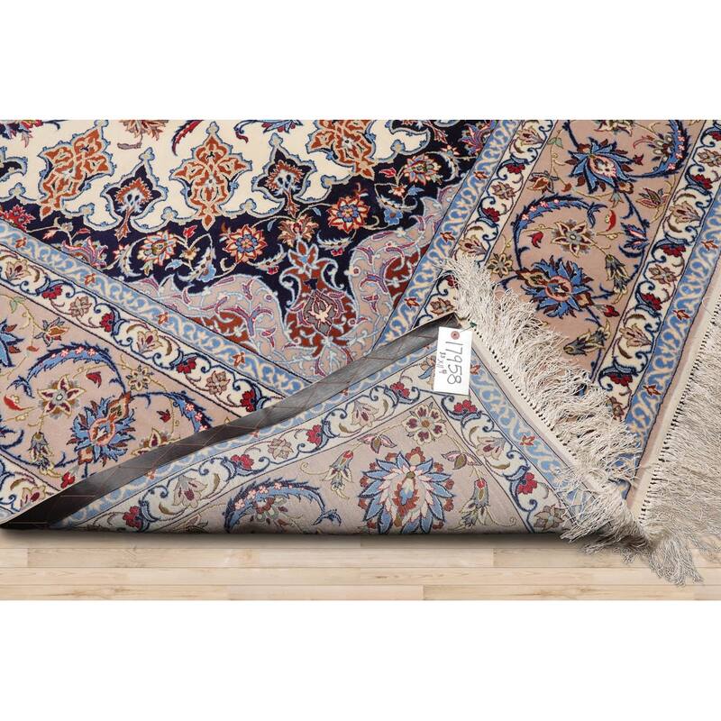 Hand Knotted Isfahan Cream Persian Wool & Silk Traditional Oriental Area Rug - 8' 5'' x 11' 9''