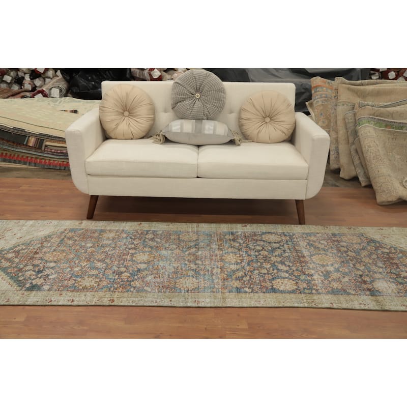 Hand Knotted Oriental 100% Wool Carpet Traditional Floral Navy Blue & Blues Malayer Runner Rug - 9' 5'' X 3' 0''