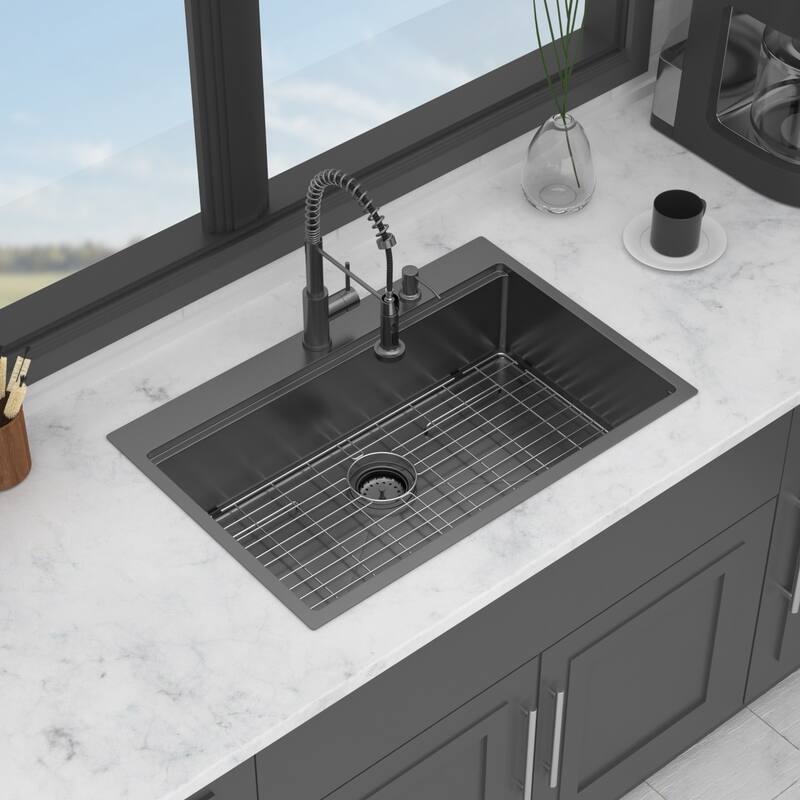36" Drop-in Workstation Gunmetal Black Kitchen Sink with Pull-out Faucet and Soap Dispenser - Single Bowl 16 Gauge