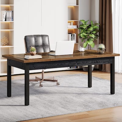 63" Executive Office Desk - Rustic Computer Table with Thick Wood Top, Large Writing Desk with Metal Frame & Back Splash