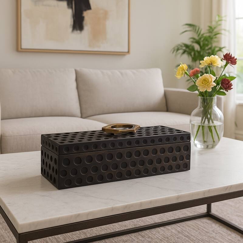 Sculptural Decorative Box with Lid and Gold Accent Handle - 7"